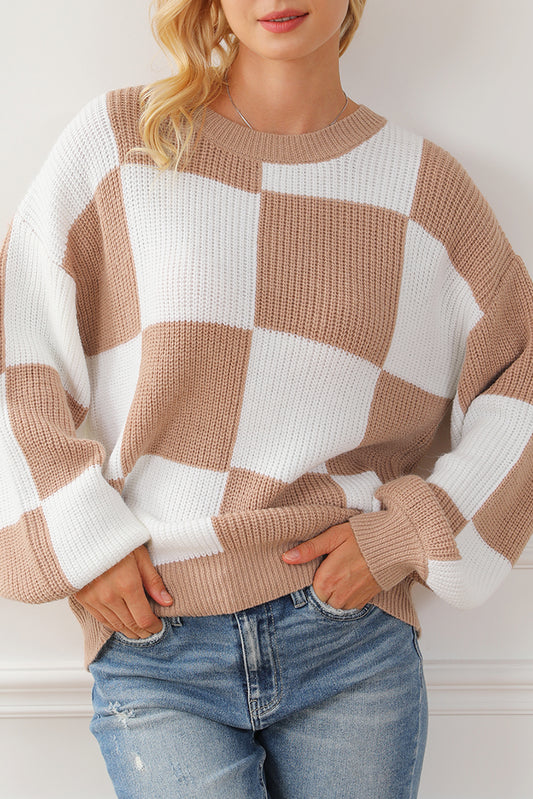 Chestnut Checkered Puff Sleeved Sweater